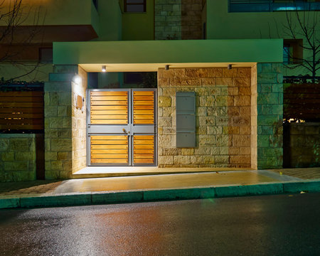Contemporary house entrance night view, Athens  Greeceの写真素材