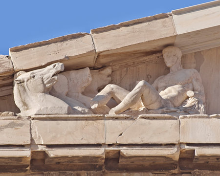 Parthenon west pediment detail, horse heads and Dionysus (probably) layed, Athens Greece の写真素材