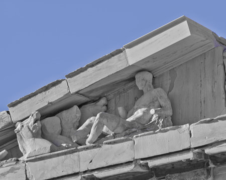 Parthenon west pediment detail, horse heads and Dionysus (probably) layed, Athens Greece の写真素材