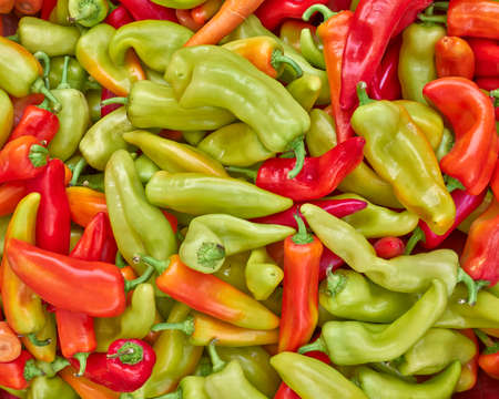 sweet horn peppers closeup, natural backgroundの写真素材