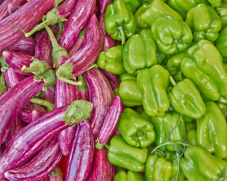 organic bell peppers and eggplants, natural backgroundの写真素材