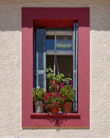 colorful old window and flowersの写真素材