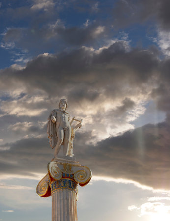 sunrise in Athens Greece, Apollo statue, the god of poetry and musicのeditorial素材