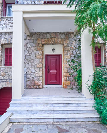 contemporary house red door, Athens Greeceの写真素材