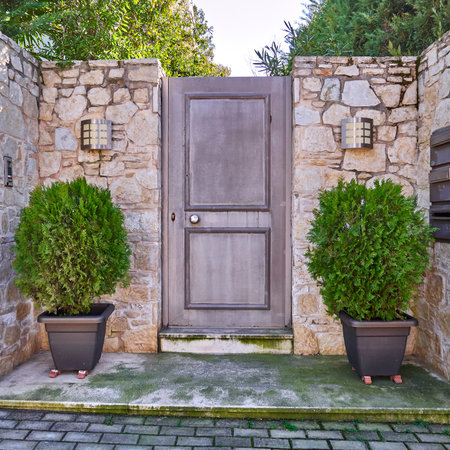 modern house entrance with flowerpots, Athens Greeceの写真素材