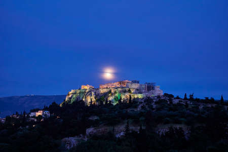 Athens Greece, acropolis in the twilight under full moonの写真素材