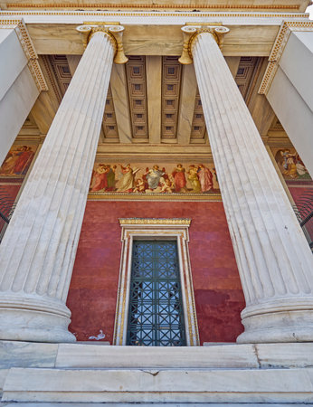 extreme perspective of Athens national university, Greeceの写真素材