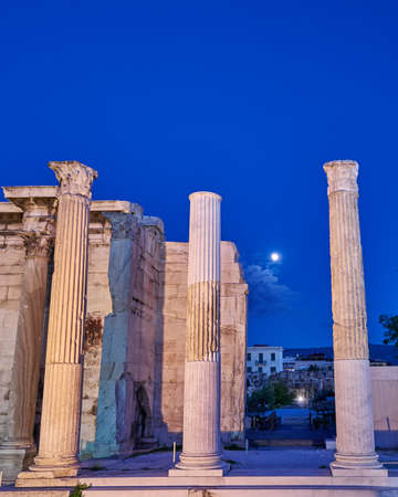 twilight in Athens Greece, Hadrians library columnsの写真素材