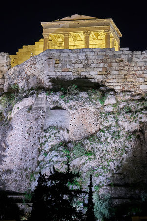 Night in Athens Greece, ancient temple on acropolis hillの写真素材