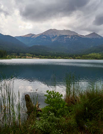 scenic view of a mountain lakeの写真素材