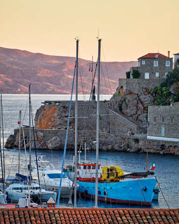 Greece, early in the morning at Hydra island port, scenic viewの写真素材