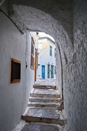 Greece Hydra island, picturesque dark alleyの写真素材