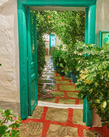 iluminated green door entranceの写真素材