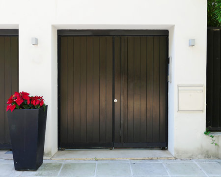 Athens Greece, elegant house entrance, with red Christmas flowers