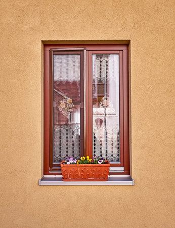 wooden frame window with flowers on light brown wall