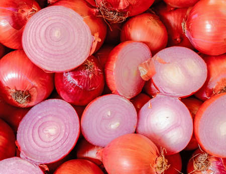 onions cut on uncut top view backgroundの写真素材