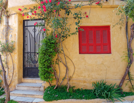 Athens Greece, picturesque house exterior, Anafiotika district in Plaka old neighborhoodの写真素材