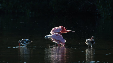 Roseate Spoonbills (Platalea ajaja) and juvenile white ibis (Eudocimus albus) in the golden hour, J.N. ''Ding'' Darling National Wildlife Refuge, Sanibel Island, Floridaの写真素材