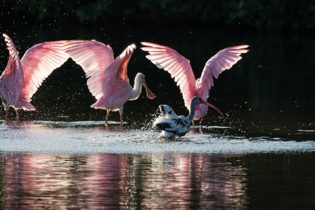 Roseate Spoonbills (Platalea ajaja) and juvenile white ibis (Eudocimus albus) in the golden hour, J.N. ''Ding'' Darling National Wildlife Refuge, Sanibel Island, Floridaの写真素材