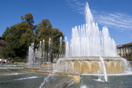 Fountain in front of the Sforza Castle in Milanの写真素材