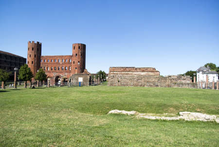 The Palatine Gate, with a stretch of the Roman city walls  Turin, Italy  の写真素材