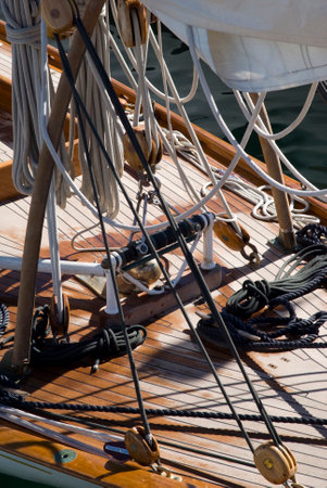 Imperia, Italy - September 10, 2010 - Details of a sailboat in old style moored the harbour Imperiaのeditorial素材