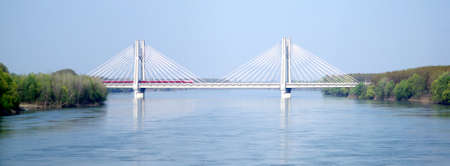 Cable-stayed railway bridge across river Po in Northern Italyの写真素材