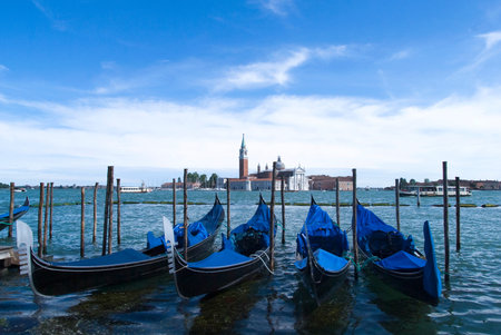 Moored gondolas in Veniceの写真素材
