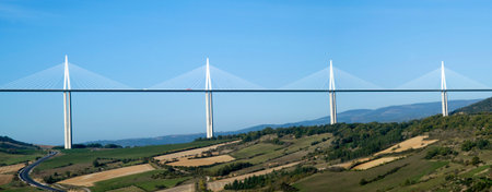 Millau, France - October 23, 2014: View of the Millau Viaduct, the tallest cable-stayed bridge over the Tarn valley in France, designed by the structural engineer Michel Virlogeux and architect Norman Fosterのeditorial素材