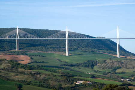 Millau, France - October 23, 2014: View of the Millau Viaduct, the tallest cable-stayed bridge over the Tarn valley in France, designed by the structural engineer Michel Virlogeux and architect Norman Fosterのeditorial素材
