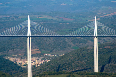 Millau, France - October 23, 2014: View of the Millau Viaduct, the tallest cable-stayed bridge over the Tarn valley in France, designed by the structural engineer Michel Virlogeux and architect Norman Fosterのeditorial素材