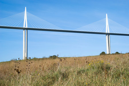 Millau, France - October 23, 2014: View of the Millau Viaduct, the tallest cable-stayed bridge over...