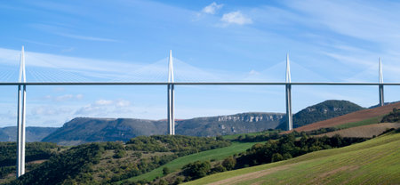 Millau, France - October 23, 2014: View of the Millau Viaduct, the tallest cable-stayed bridge over the Tarn valley in France, designed by the structural  engineer Michel Virlogeux and architect Norman Fosterのeditorial素材