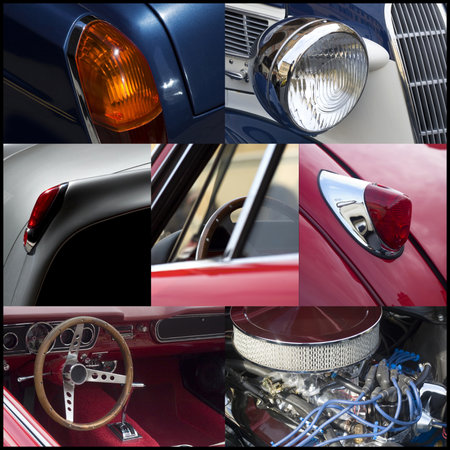 Imperia, Italy, June 7, 2014. Collage of detail the Classic cars cruising on the road in Imperia During raid of vintage carsのeditorial素材