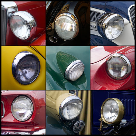 Imperia, Italy, June 7, 2014. Collage of detail the Classic cars cruising on the road in Imperia during raid of vintage carsのeditorial素材