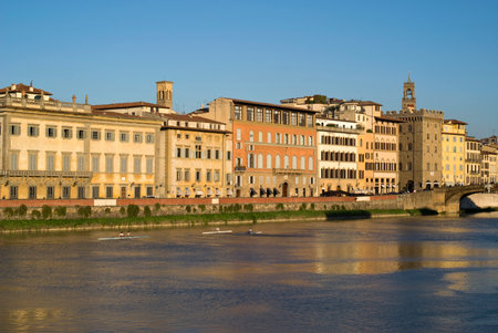 Florence. Old town buildings on the Arno riverbankのeditorial素材