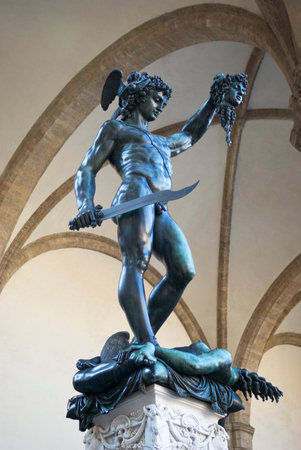 Florence, Italy - October 30, 2015: Perseus with the Head of Medusa is a bronze sculpture made by Benvenuto Cellini in 1545. Displayed in the open-air gallery of antique and Renaissance art Loggia dei Lanzi in Florenceのeditorial素材
