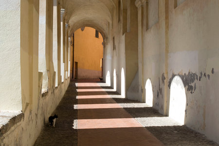 Imperia, Italy - September 20, 2015: St. Clare Arcade in Parasio, the old town of Imperia, Liguria region of Italyのeditorial素材
