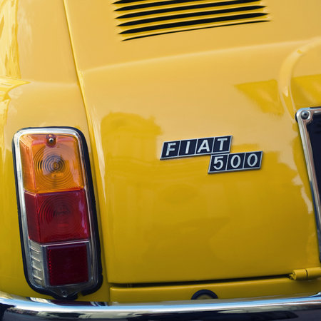 Imperia, Italy - April 24, 2016: Close up detail of a Fiat 500 parked in a street in Imperia During the raid of vintage carsのeditorial素材