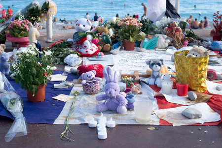 Nice, France - August 2, 2016: Makeshift memorials along the Promenade des Anglais in Nice to remember the victims of the terrorist attack of the 14th July 2016のeditorial素材