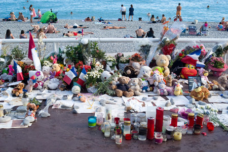 Nice, France - August 2, 2016: Makeshift memorials along the Promenade des Anglais in Nice to remember the victims of the terrorist attack of the 14th July 2016のeditorial素材