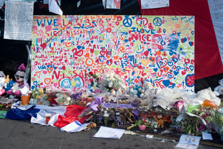 Nice, France - August 2, 2016: Makeshift memorials along the Promenade des Anglais in Nice to remember the victims of the terrorist attack of the 14th July 2016のeditorial素材