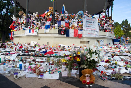 Nice, France - August 2, 2016: Makeshift memorials along the Promenade des Anglais in Nice to remember the victims of the terrorist attack of the 14th July 2016のeditorial素材