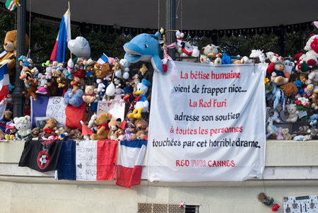 Nice, France - August 2, 2016: Makeshift memorials along the Promenade des Anglais in Nice to remember the victims of the terrorist attack of the 14th July 2016のeditorial素材