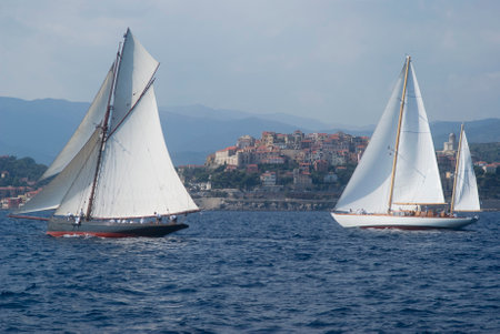 Imperia, Italy - September 8, 2016: Stage of the Panerai Classic Yachts Challenge, is a key event in sailing the Mediterranean. Over 80 boats representing 12 countries That Participated in the regatta in the Gulf of Imperia, Italyのeditorial素材