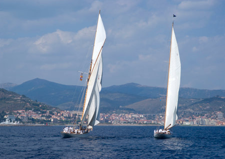 Imperia, Italy - September 8, 2016: Stage of the Panerai Classic Yachts Challenge, is a key event in sailing the Mediterranean. Over 80 boats representing 12 countries That Participated in the regatta in the Gulf of Imperia, Italyのeditorial素材