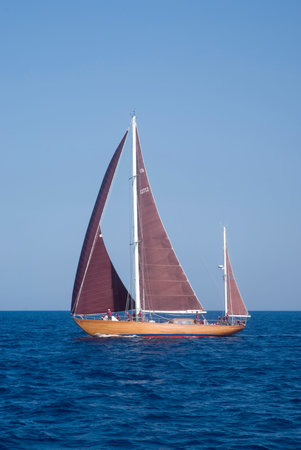 Imperia, Italy - September 8, 2016: Sailboat in old style. Stage of the Panerai Classic Yachts Challenge, is a key event in sailing the Mediterranean. Over 80 boats representing 12 countries That Participated in the regatta in the Gulf of Imperia, Italyのeditorial素材