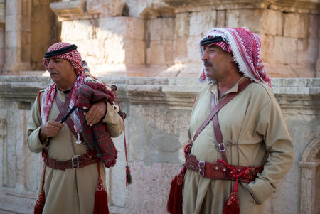 Jerash, Jordan , "October 24, 2016: Close up of two bagpipe players at the Roman theater of Jerashのeditorial素材