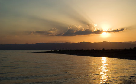 Sunset over the Dead Sea looking towards Israelの写真素材