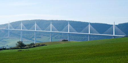 Millau, France - October 23, 2014: View of the Millau Viaduct, the tallest cable-stayed bridge over the Tarn valley in France, designed by the structural  engineer Michel Virlogeux and architect Norman Fosterのeditorial素材